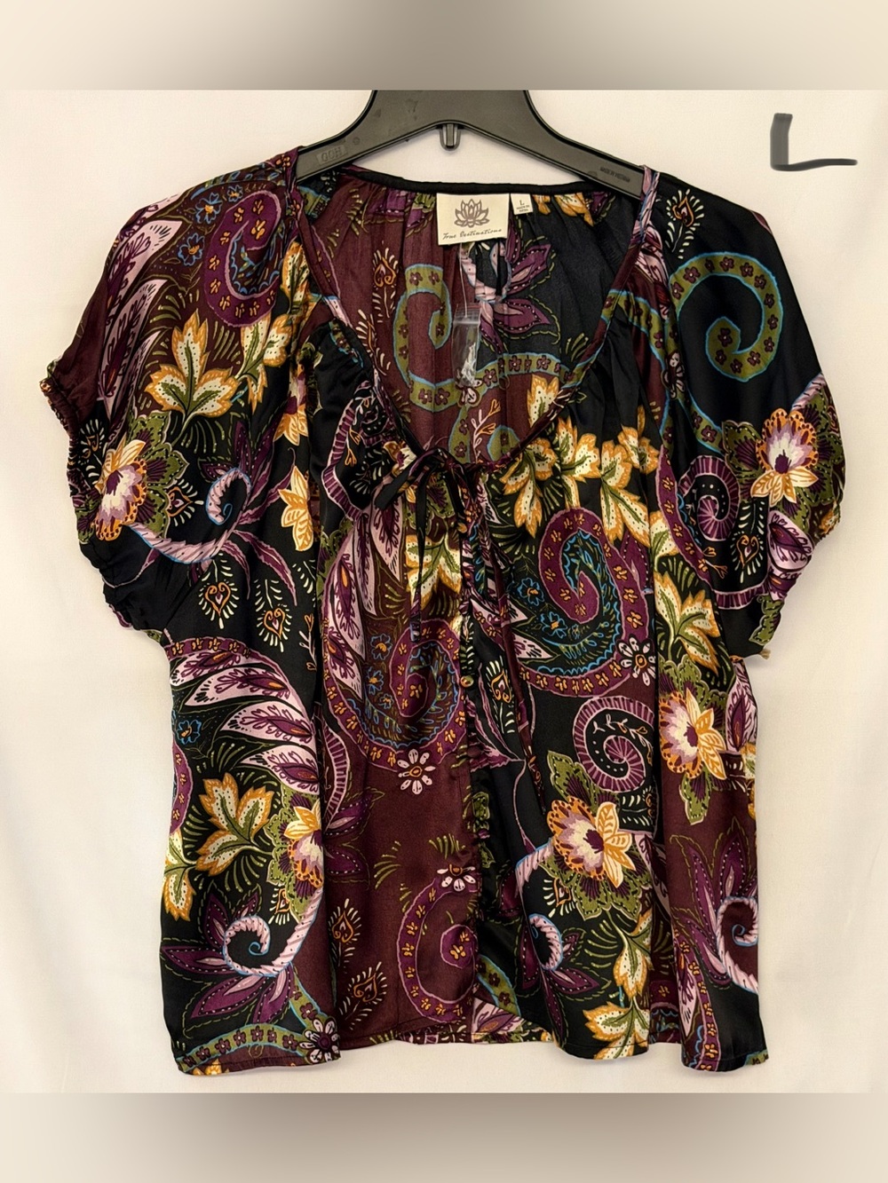 Tie-Neck Paisley Peasant Blouse in Burgundy and Black
